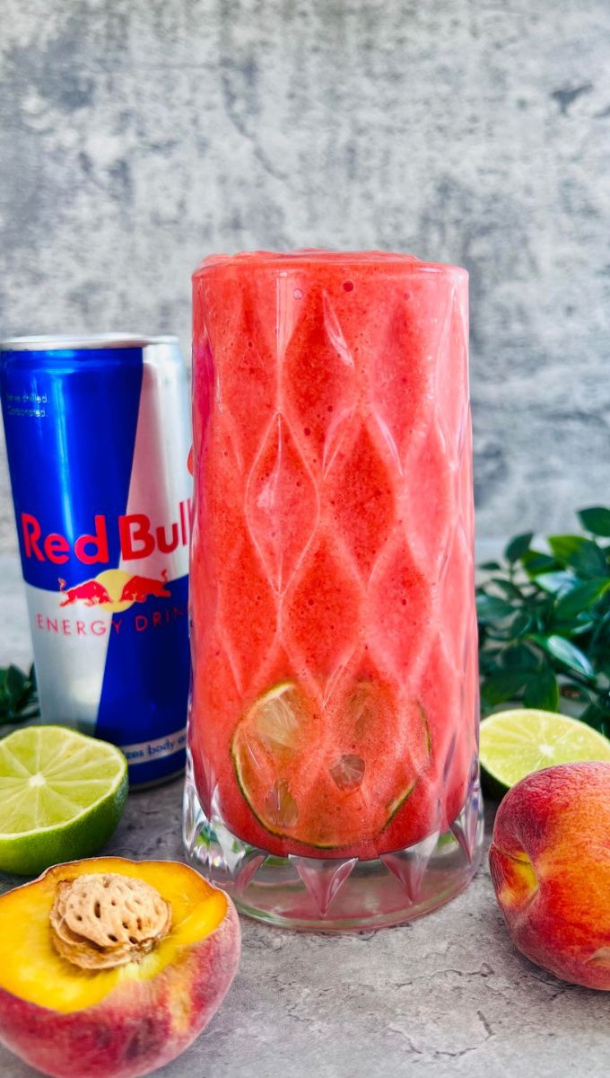 Red Bull Smoothie served in a tall thick glass cup