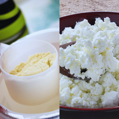 a scoop of protein powder on the left and a bowl of cottage cheese on the right