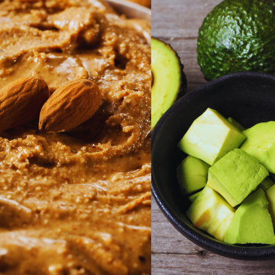 almond butter on the left and diced avocado on the right