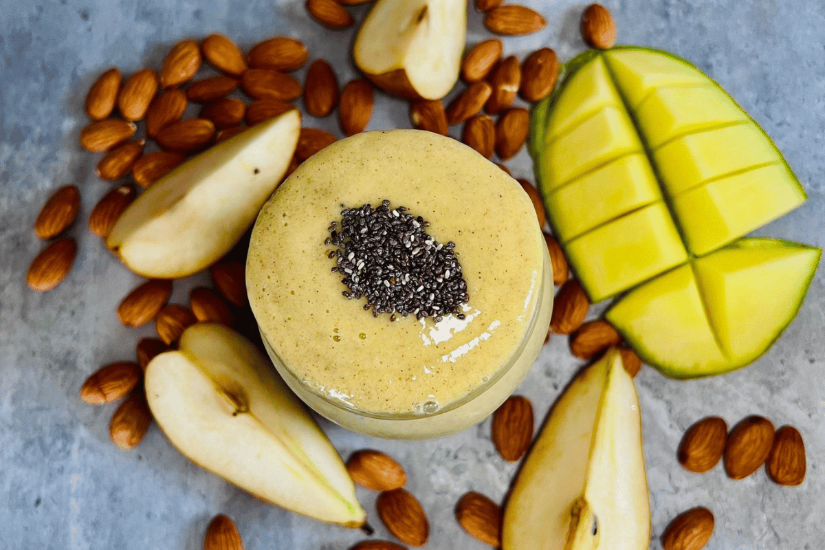 Mango And Pear Smoothie topped with chia seeds
