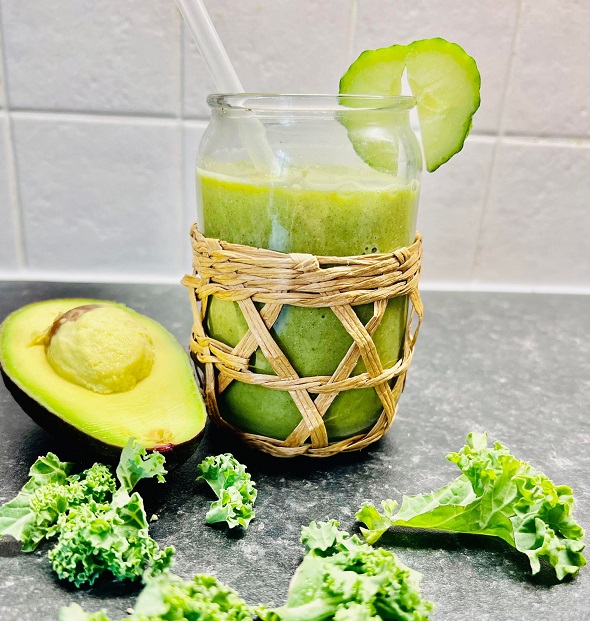 A green smoothie with kale and avocado