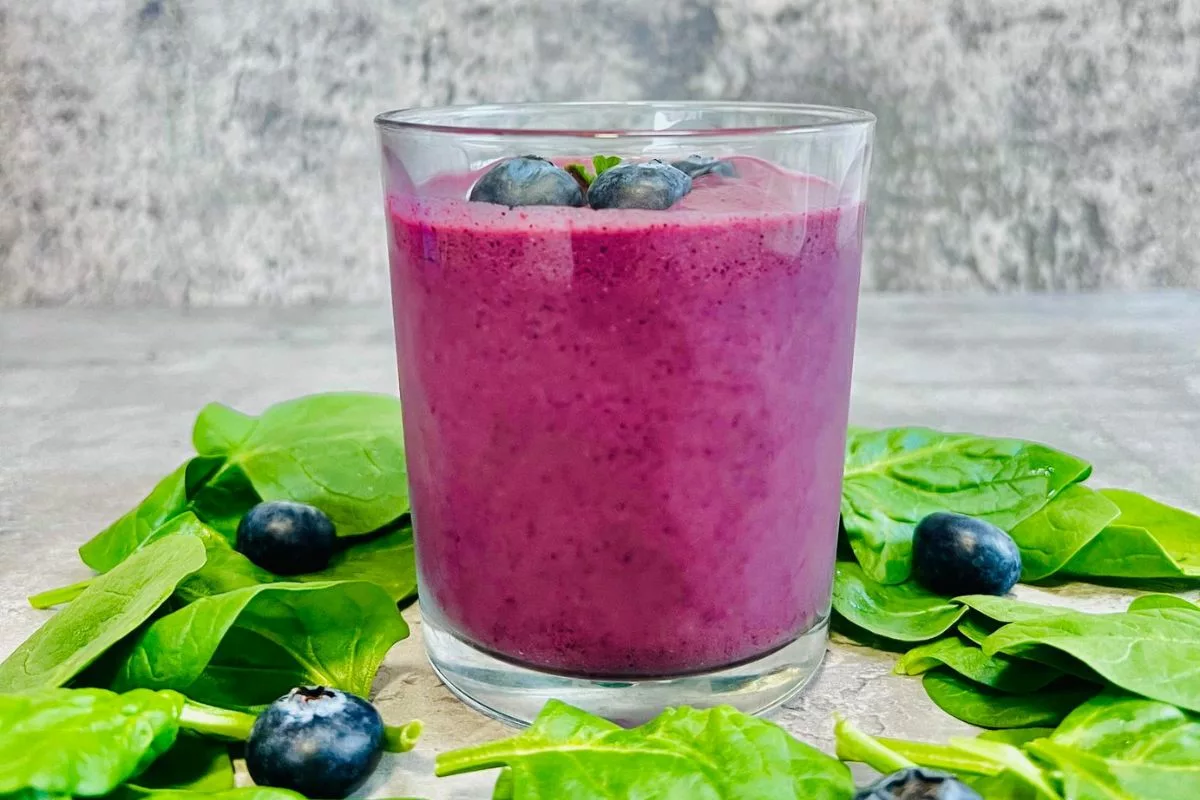 a side shot of Blueberry Cottage Cheese Smoothie