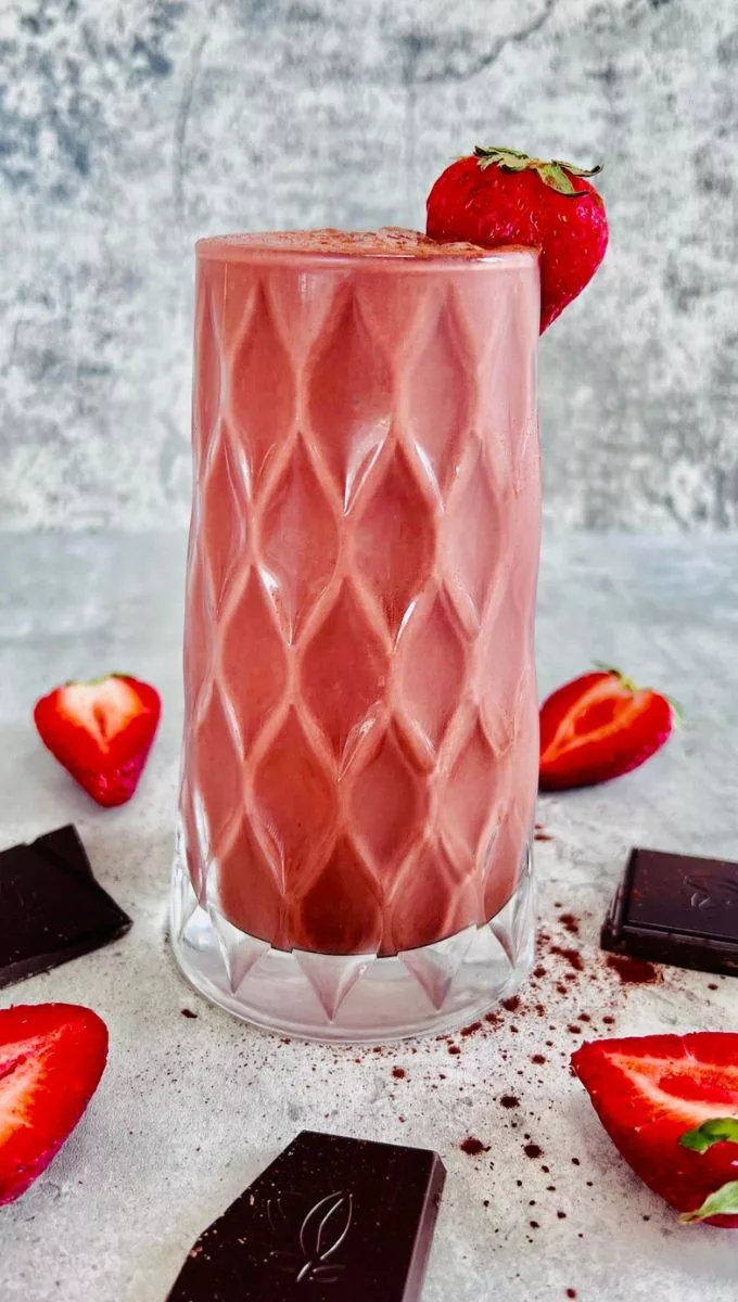 Chocolate Strawberry Smoothie served in a tall thick glass cup