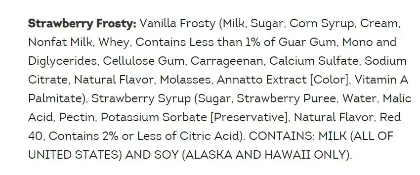Wendy's Strawberry Frosty Ingredients