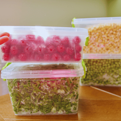 containers of frozen fruit and vegetables