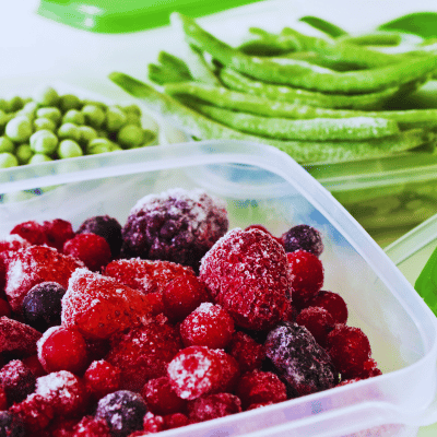 frozen fruit and vegetables in containers
