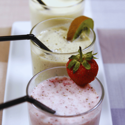 3 types of different smoothies in glass cups