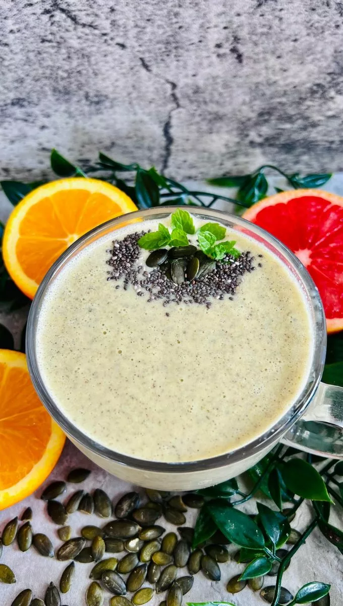 Smoothie Recipe To Lower Blood Pressure topped with seeds and mint