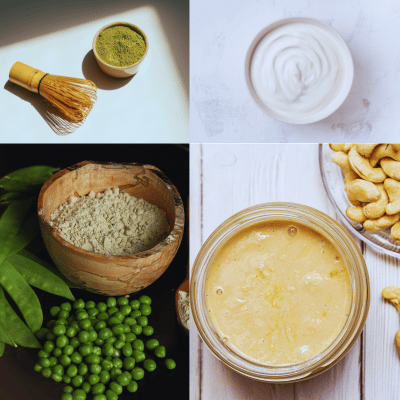 matcha powder, a bowl of greek yogurt, pea protein powder, cashew nut butter jar