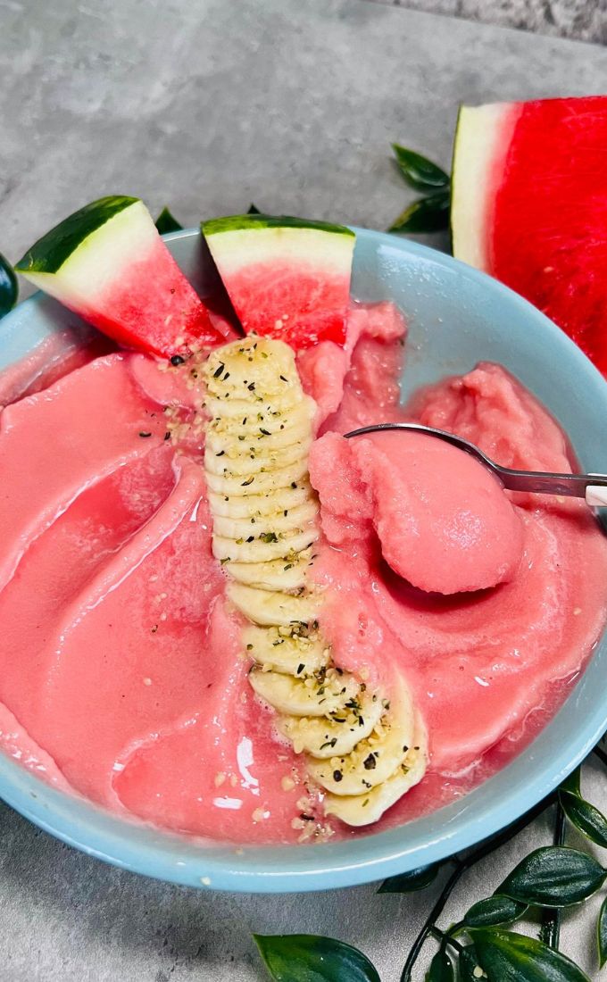 a spoonful of Watermelon Smoothie Bowl
