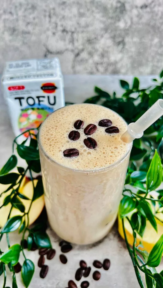 Coffee Tofu Smoothie topped with coffee beans