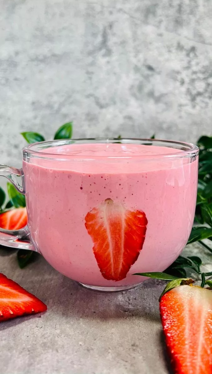 Strawberry Kefir Smoothie served in a round glass cup