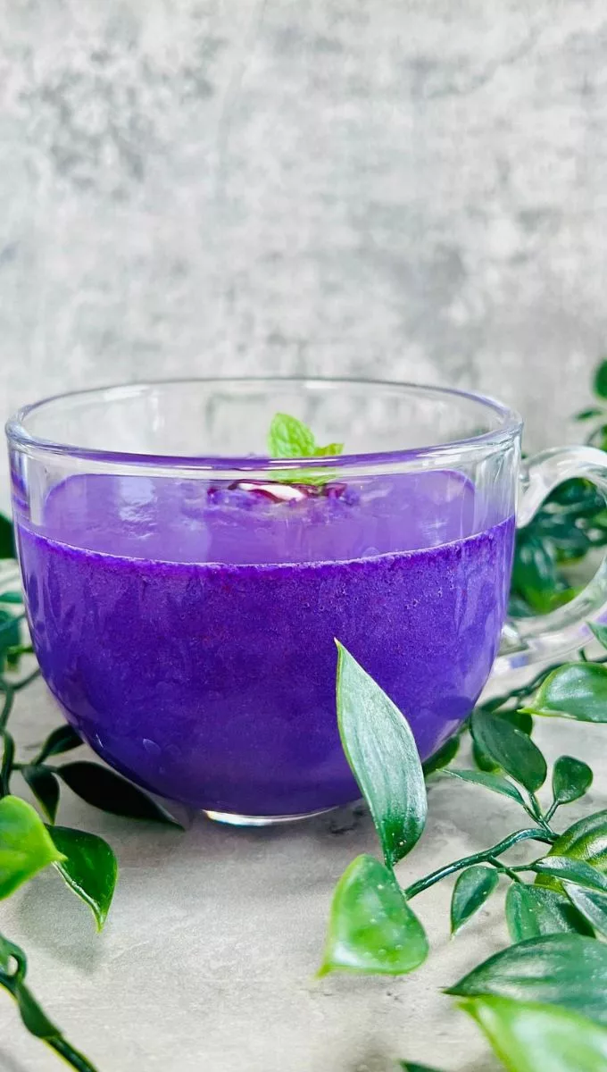 glass cup filled with purple cabbage smoothie