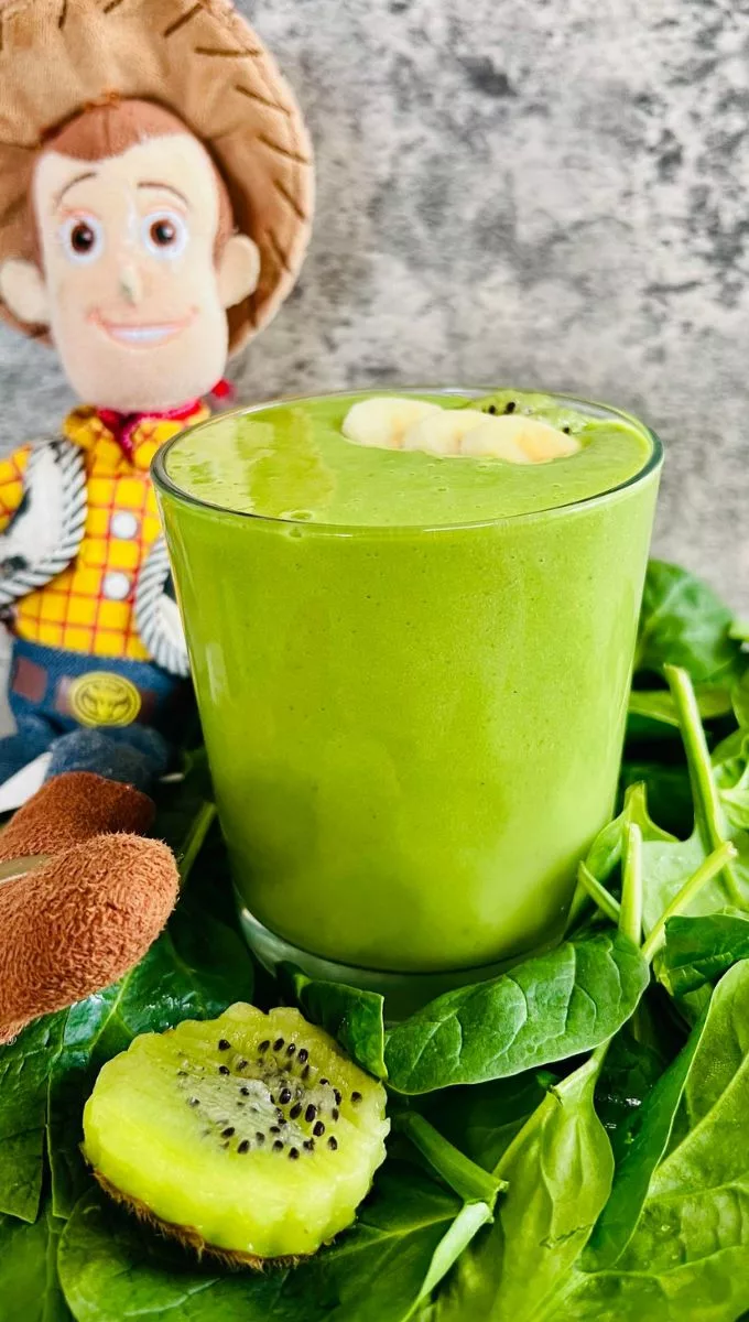 Green Smoothie For Kids topped with kiwi and banana