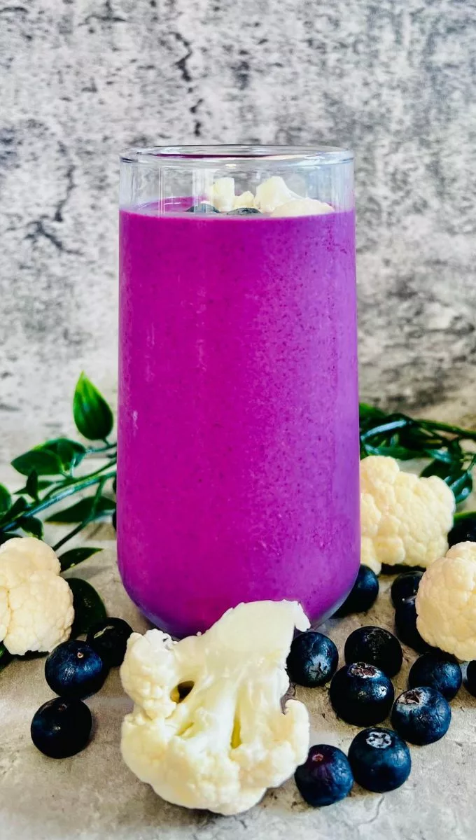 Blueberry Cauliflower Smoothie served in a tall glass cup