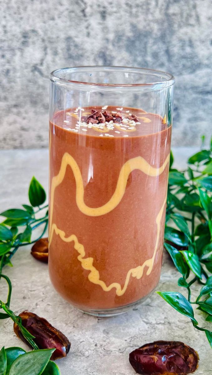 Tahini Smoothie served in a tall thin glass cup