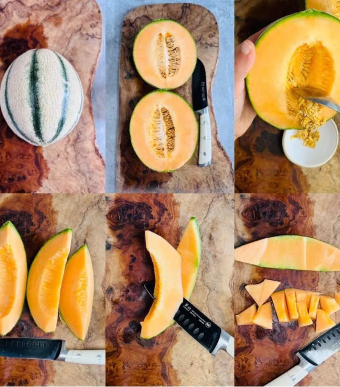 step by step images of how to prepare cantaloupe